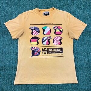 Vintage Barbour International Motocycle Helmet Mustard Yellow Graphic T-shirt